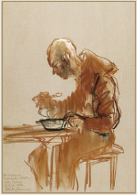 Drawing by Stanley Roseman, "Brother Caesarius at Breakfast," 1982, Ostanbacks Kloster, Sweden, chalks on paper, Institute of Art History, University of Leiden. � Stanley Roseman.