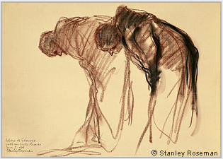 Drawing by Stanley Roseman, "Two Monks Bowing in Prayer," 1979, Abbey of Solesmes, France, chalks on paper, National Gallery of Art, Washington, D.C. � Stanley Roseman. 