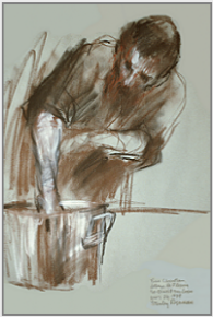 Drawing by Stanley Roseman, �Brother Christian in the Kitchen,�� 1979, Abbey of Fleury, France, chalks on paper, John Davis Hatch Collection. � Stanley Roseman